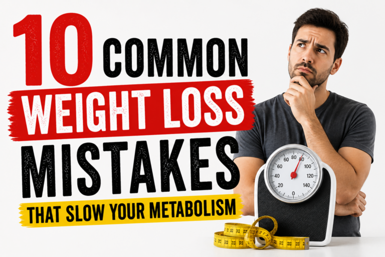Featured image showing a thoughtful man standing beside a bathroom scale and measuring tape with bold text reading “10 Common Weight Loss Mistakes That Slow Your Metabolism” on a clean white background