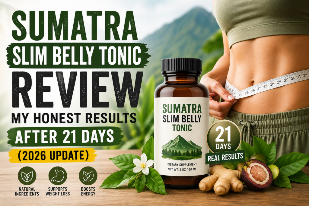 Featured image showing a Sumatra Slim Belly Tonic supplement bottle beside a slim waist with a measuring tape, tropical natural ingredients, and bold text reading “Sumatra Slim Belly Tonic Review: My Honest Results After 21 Days (2026 Update)”.