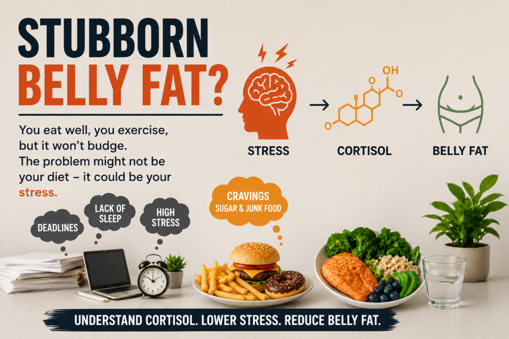 Infographic about stubborn belly fat caused by stress and cortisol, showing the connection between stress, cravings, unhealthy eating, and abdominal fat alongside healthy lifestyle solutions like nutritious food, sleep, and stress management.