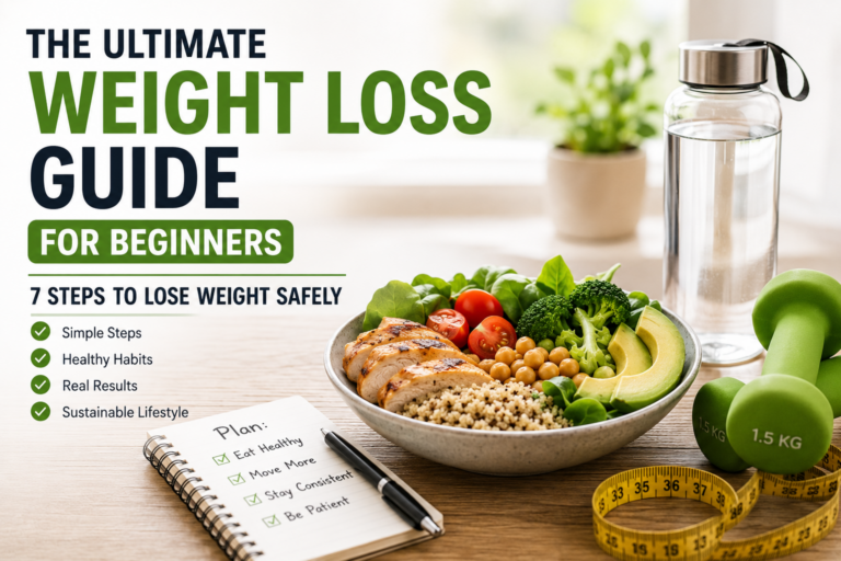 Beginner weight loss guide with healthy meal, dumbbells, water bottle, and fitness plan.