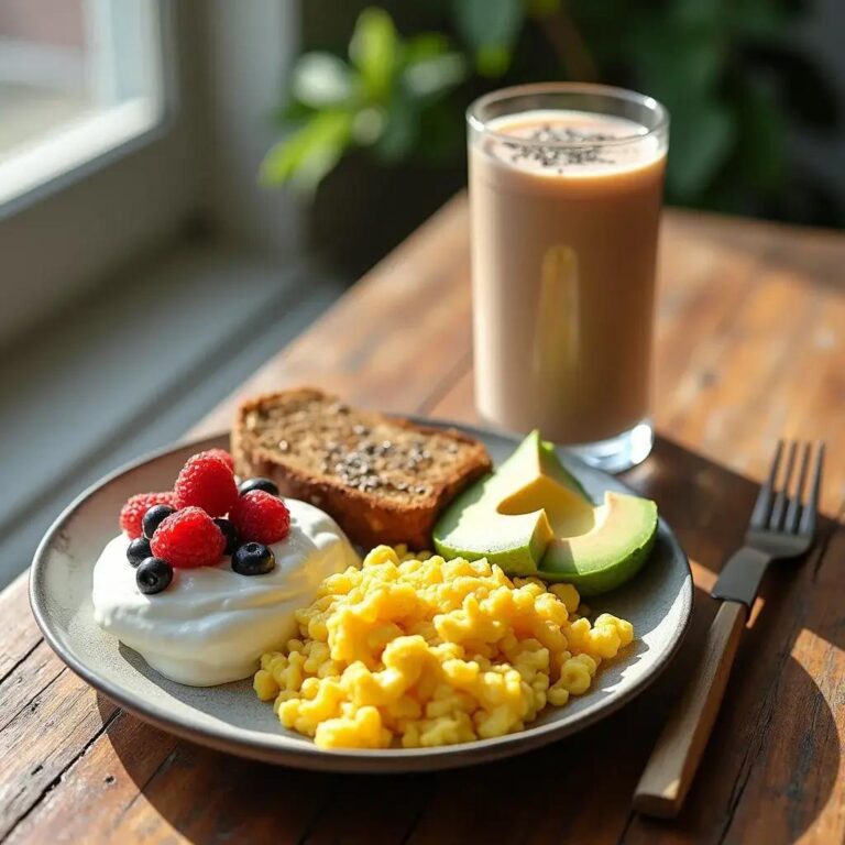 Healthy high-protein breakfast with scrambled eggs, Greek yogurt topped with berries, avocado slices, whole grain toast, and a protein smoothie on a wooden table.