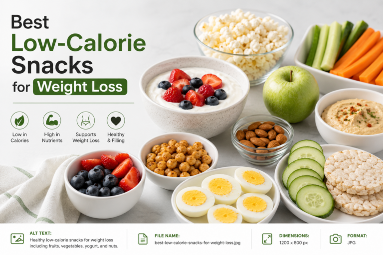 Healthy low-calorie snacks for weight loss including yogurt, berries, eggs, vegetables, popcorn, and almonds.