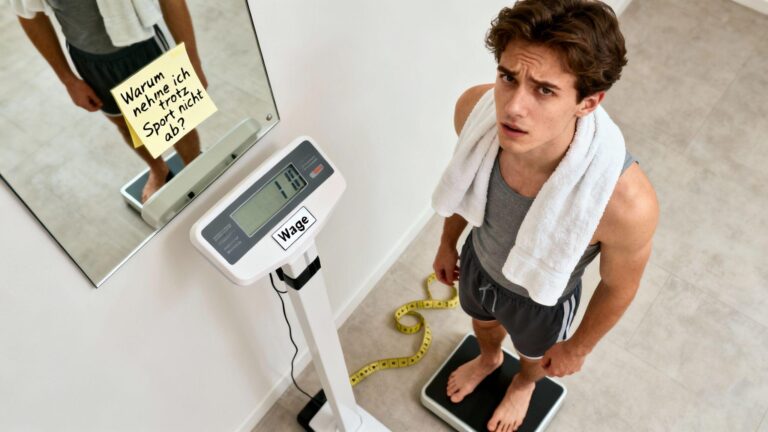 "Man wondering why he is not losing weight in a calorie deficit while monitoring his progress on a scale."