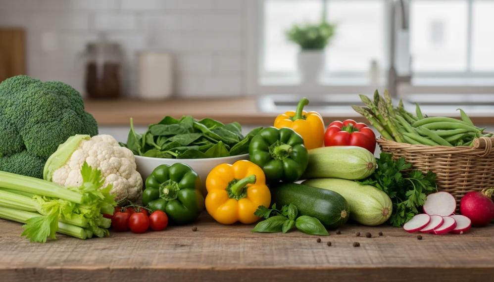 Best Vegetables for Weight Loss featuring broccoli, spinach, cucumber, bell peppers, and tomatoes rich in fiber and nutrients.