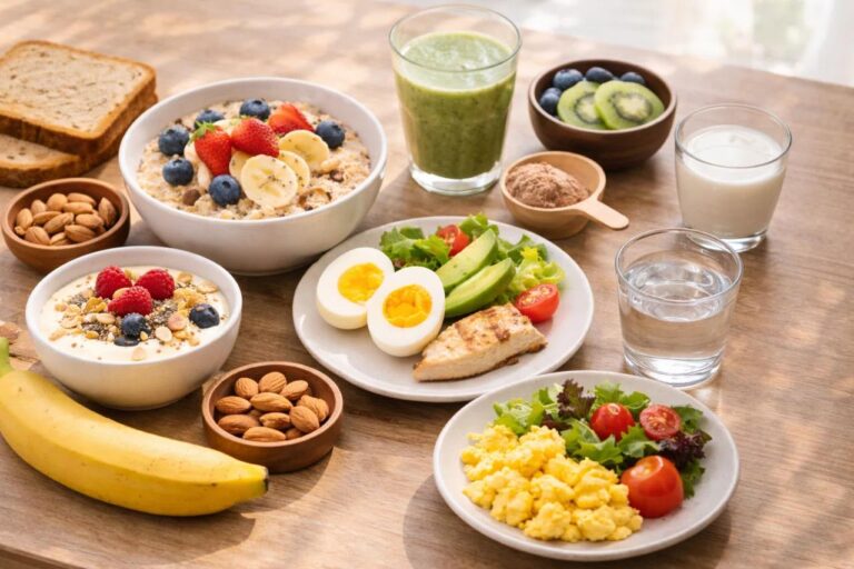 Best Breakfast for Weight Loss with eggs, oatmeal, Greek yogurt, berries, and whole-grain toast.