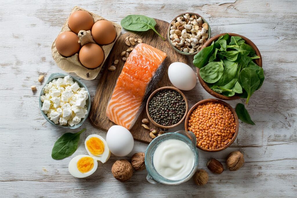 Best High-Protein Foods for Weight Loss including chicken breast, eggs, salmon, Greek yogurt, lentils, and cottage cheese.