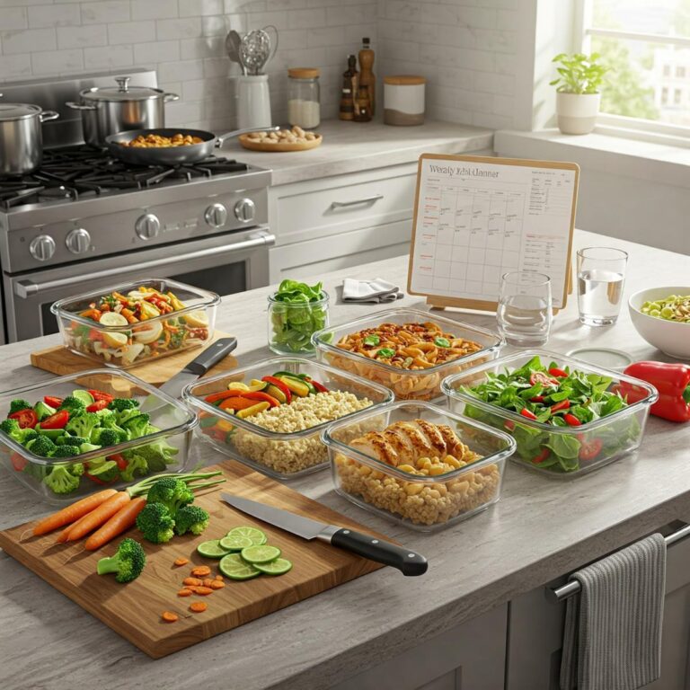 Healthy Meal Plan for Weight Loss featuring balanced meal prep containers with lean protein, vegetables, and whole grains.