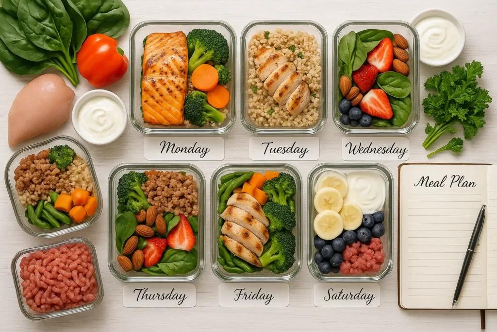 Healthy Meal Plan for Weight Loss featuring balanced meal prep containers with lean protein, vegetables, and whole grains.