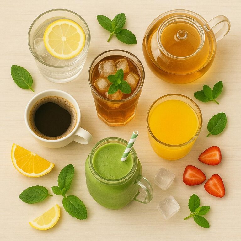 Best Healthy Drinks for Weight Loss featuring water, green tea, black coffee, lemon water, and herbal tea for healthy hydration.